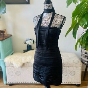 BCBG Max Azria Black Label Black Strapless Tiered Satin Mini Dress & Neck Wrap